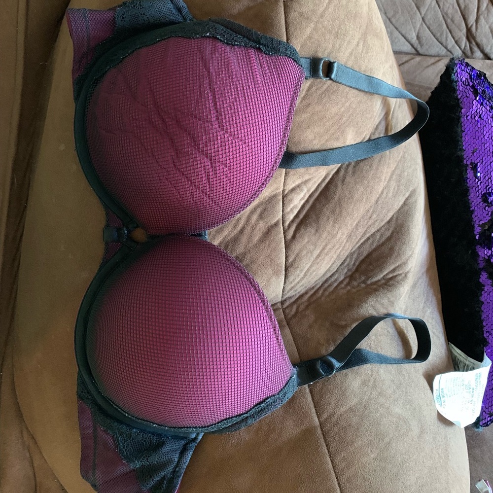 Maroon and black fishnet bra